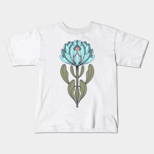 Blue Protea Flower Line Drawing Kids T-Shirt